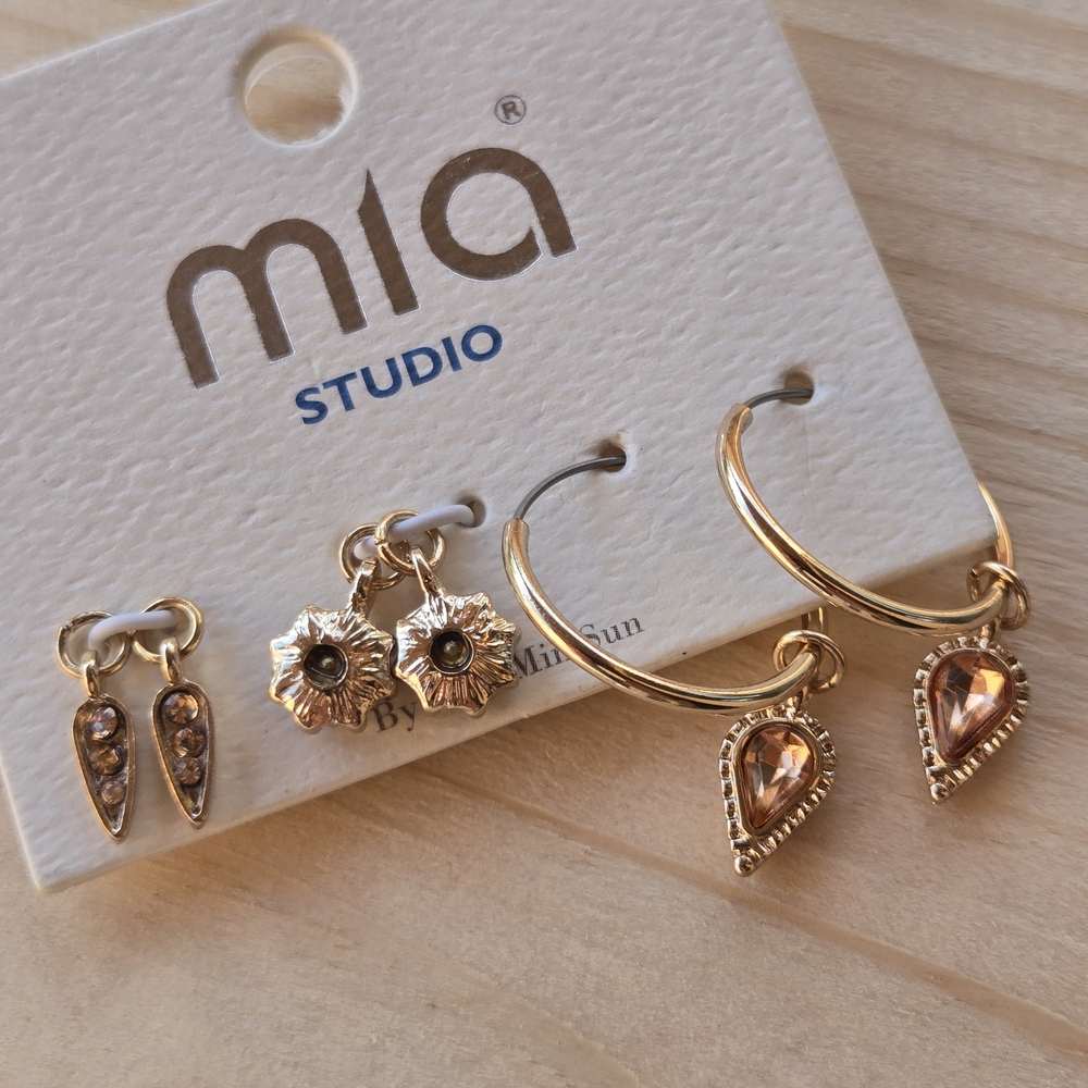 Gold Hoop Earrings with Interchangeable Charms 3 Sets NEW NWT